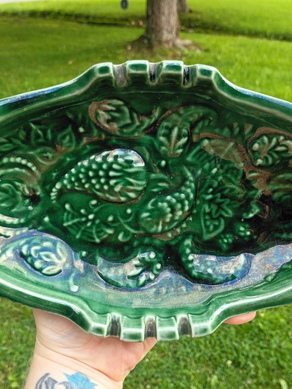 Vtg Emerald Green USA Pottery Paisley Pattern Oval Ashtray